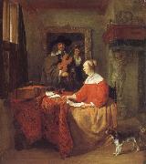 A Woman Seated at a Table and a Man Tuning a Violin, Gabriel Metsu
